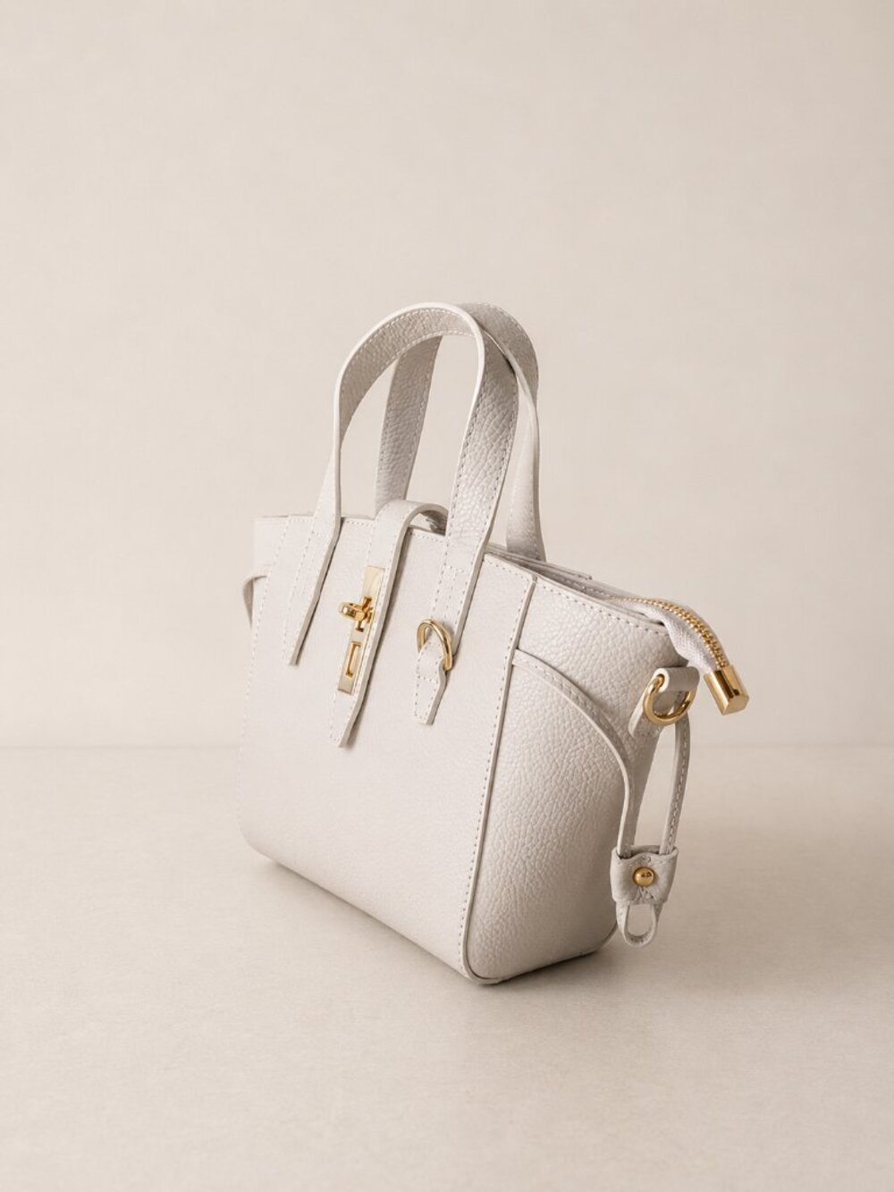 Beige Italian Leather Crossbody Top Handle Bag, Pebbled Leather Purse - Picture 14 of 16